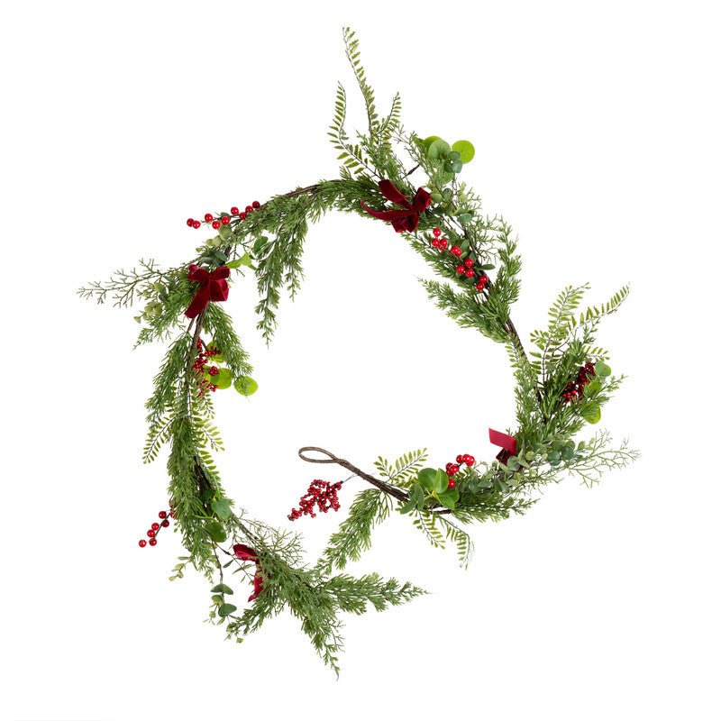 Red Berry & Pine Cone Garland with red velvet bows 180cm